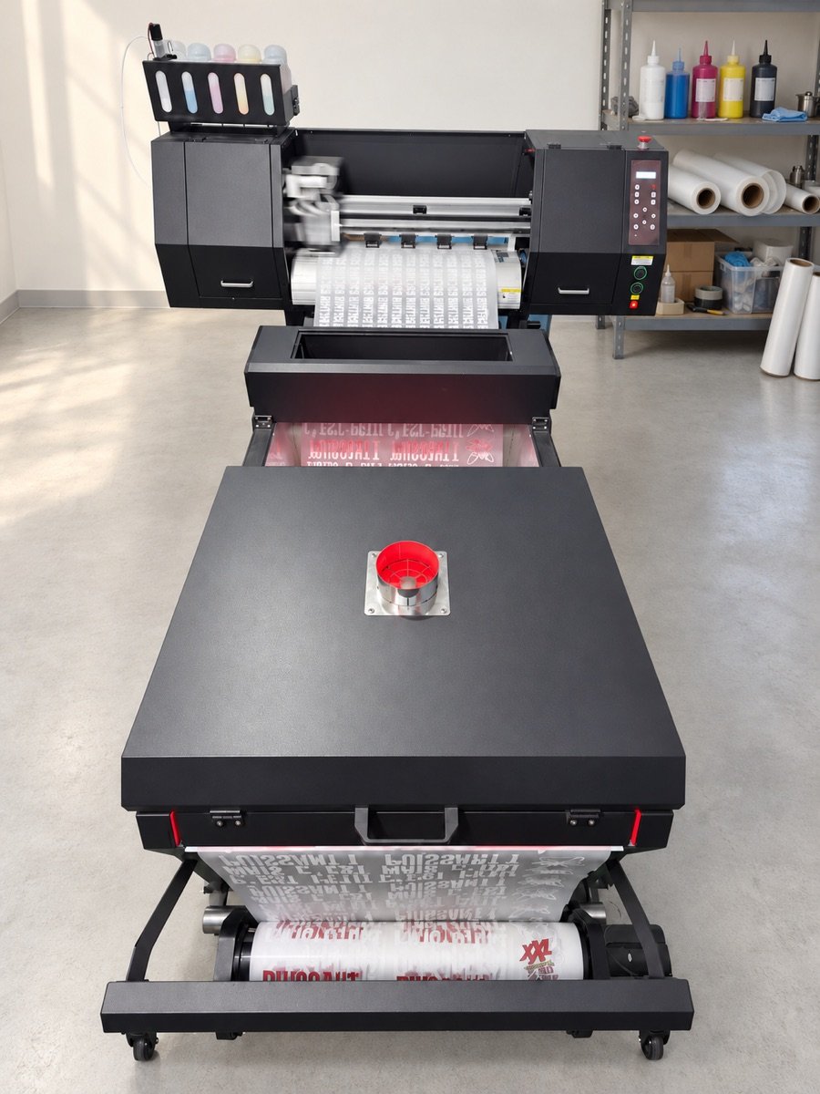 Ligne d'impression DTF dans l'atelier IBC : imprimante, poudreuse et four